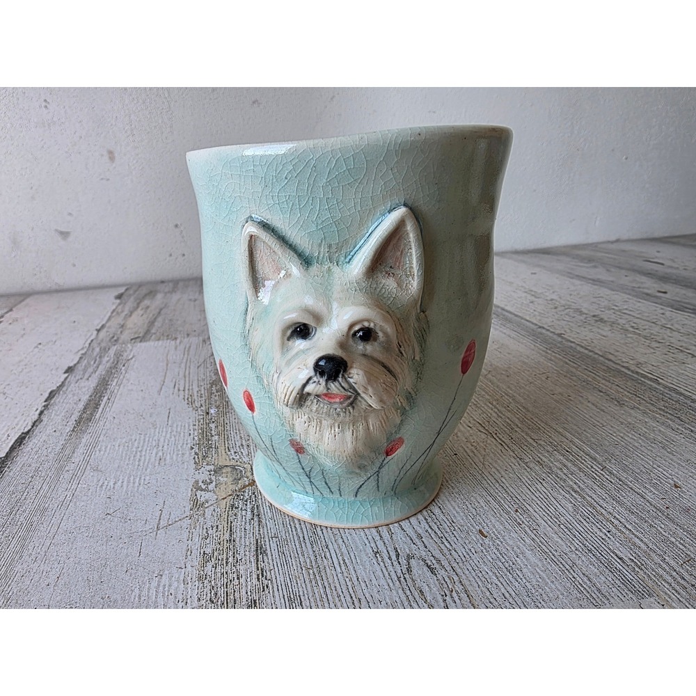 Vintage terrier dog puppy mug flowers cup coffee tea unique‎ puppy green